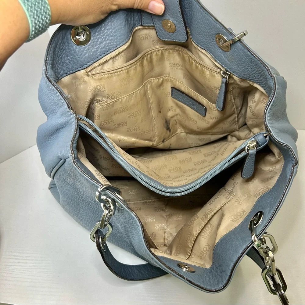 Michael Kors Blue Multi-Compartment Double Strap Shoulder Bag with Chain Accents